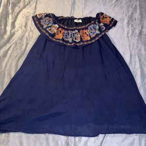 Etwo Floral Embroidery Off The Shoulder  Mini Tunic Dress Womens Size Small Blue